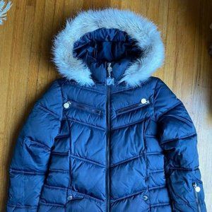 NWT - Warm Faux Fur Trim Hooded Puffer Coat, Navy,